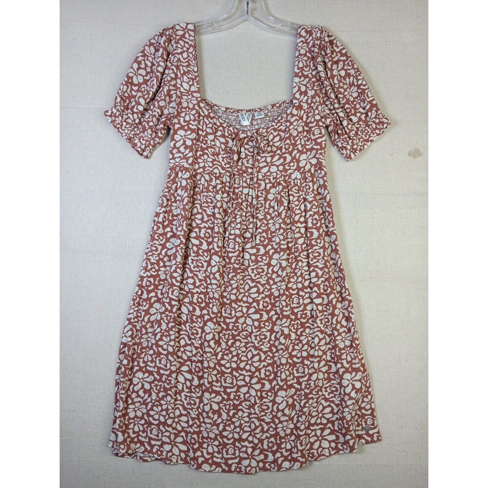 Roxy Frill Bloom Mini Dress Small Brown Floral Smocked Back Puff Sleeve EUC